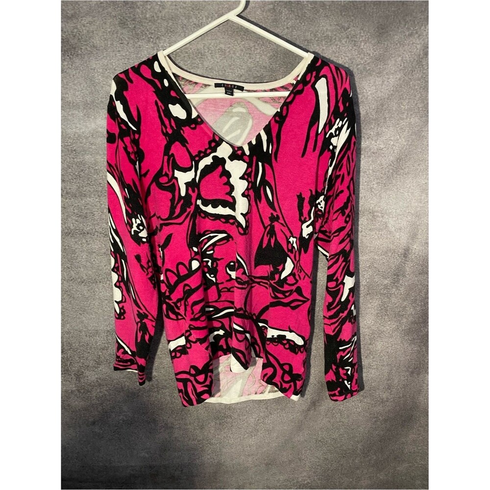 Cyrus Women XXL Sweater Pink Black White Abstract Print V-Neck Long Sleeve Knit